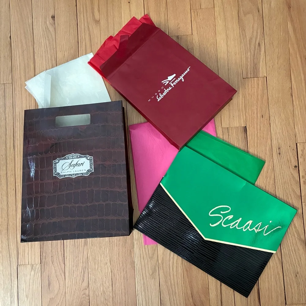 Vintage Luxury Brands Gift Bags, Ferragamo, Ralph Lauren, Scaasi, 80’s/90’s